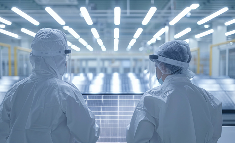 Two technicians in protective suits inspecting a solar panel in a cleanroom manufacturing facility.