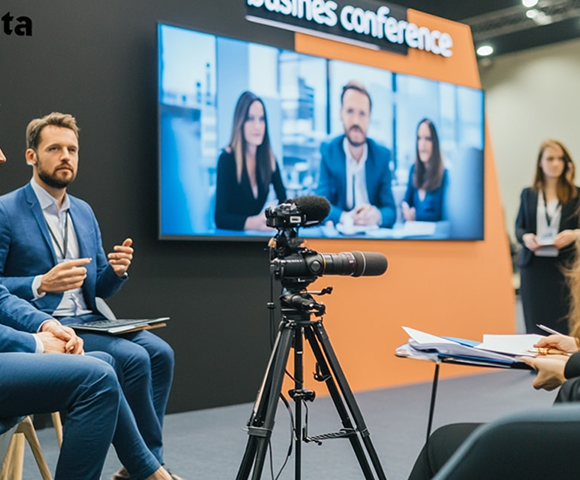 k1_img_Business professionals participating in a hybrid conference setup with live panel and video call, recorded on camera05.jpg