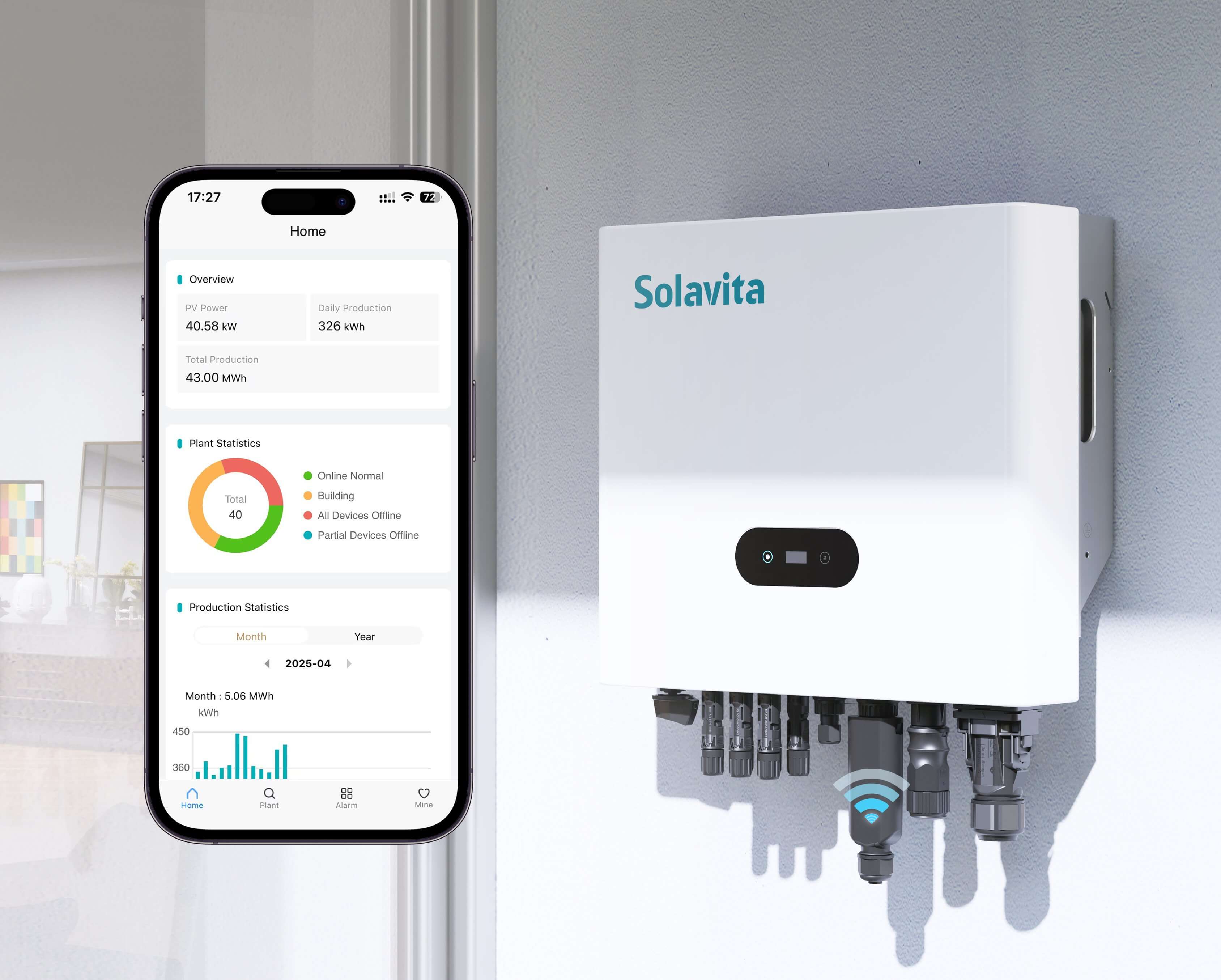 Solavita solar inverter with monitoring app displayed on a smartphone, showing power production statistics and system status