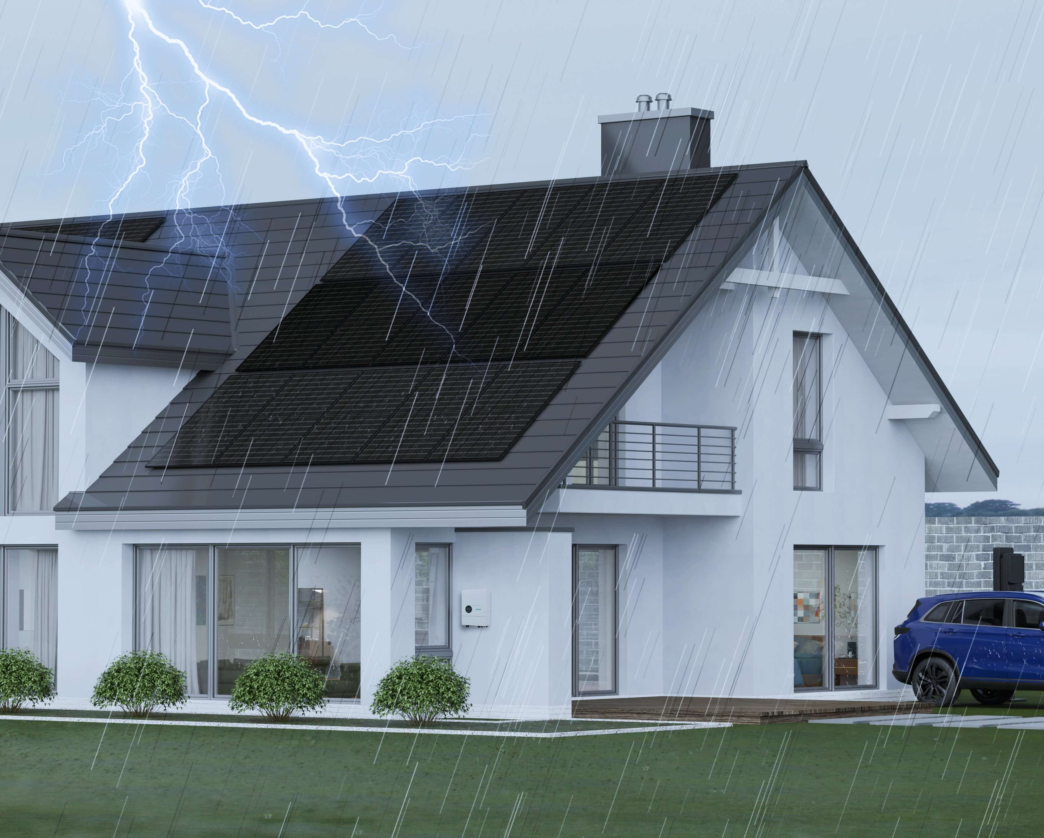 A modern house with solar panels on the roof, and a Solavita inverter installed on the wall. The scene depicts a rainy and stormy day with lightning, emphasizing the inverter