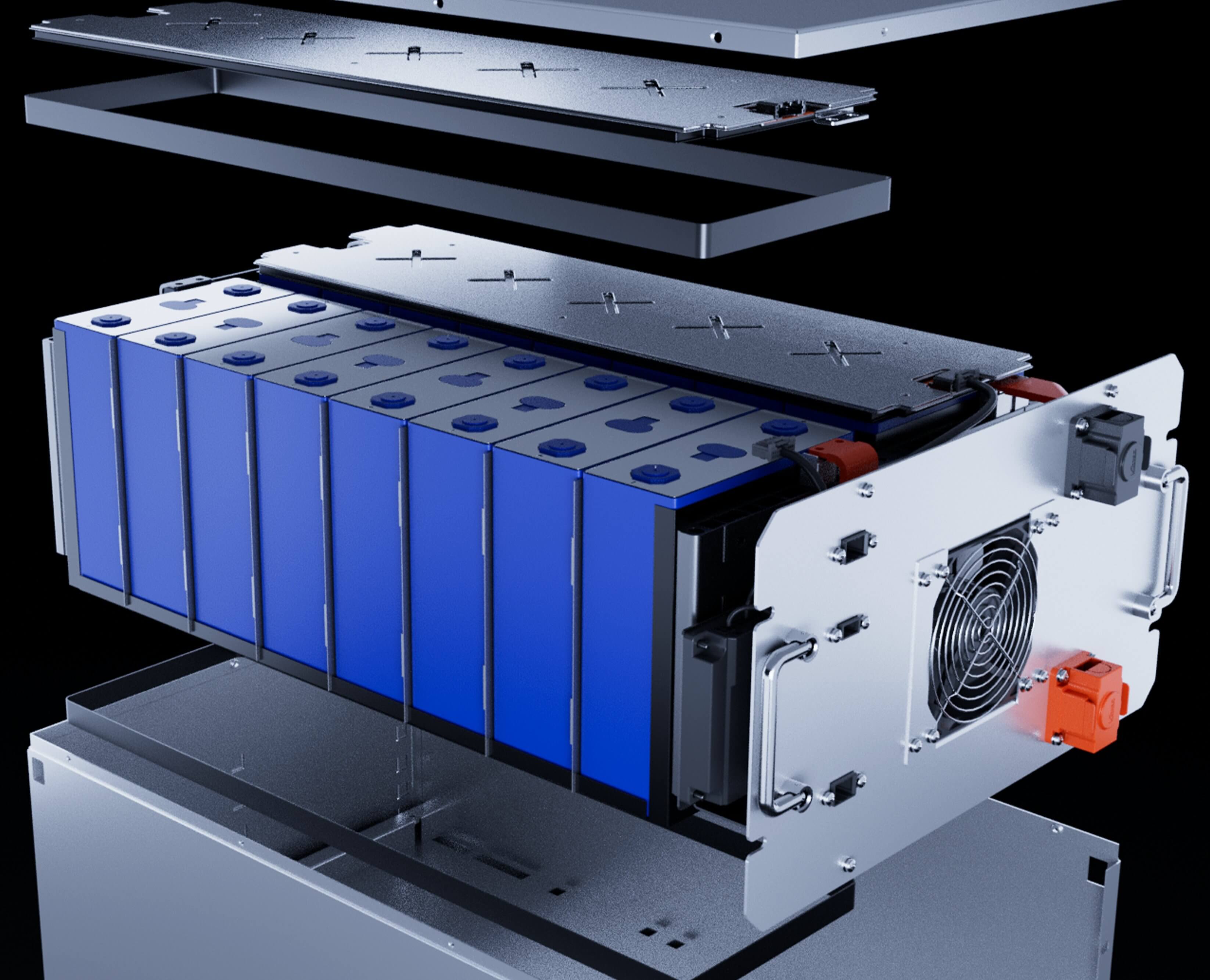 Exploded view of a high-density lithium iron phosphate battery module with cooling system and structural components