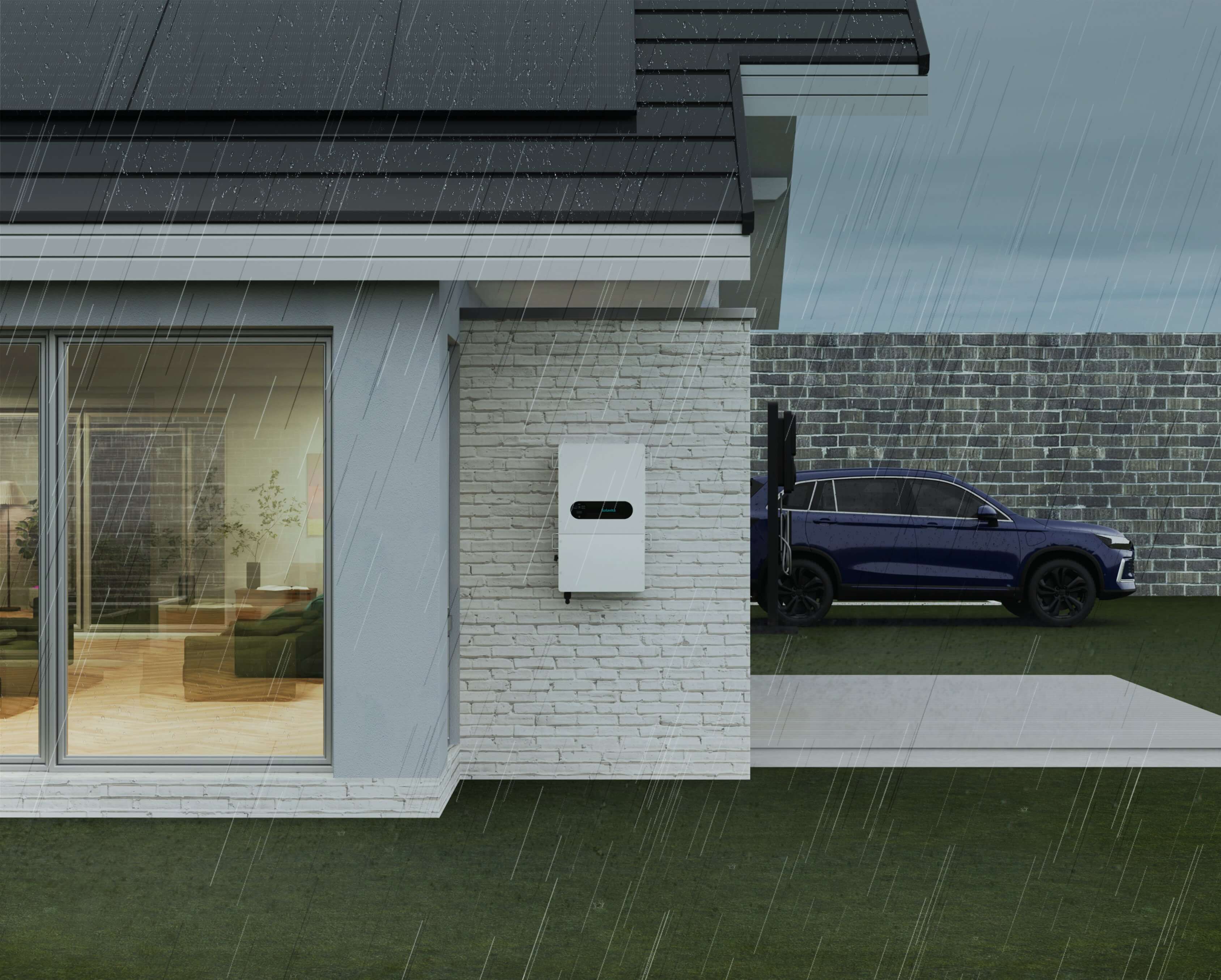 Solavita inverter installed on the exterior wall of a residential home, during a storm with heavy rain and lightning in the background.