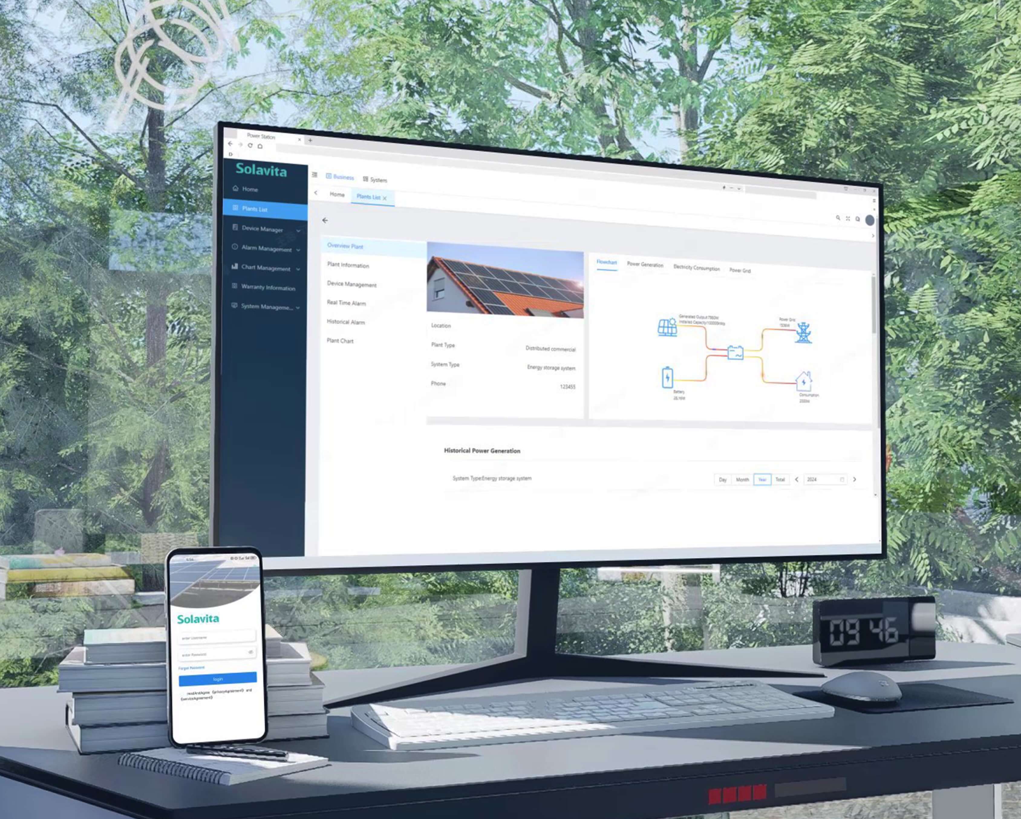 A desk with a modern computer setup displaying the Solavita plant management interface on the screen. The interface shows a solar energy system with real-time data, power generation charts, and system information. A smartphone next to the computer is showing the Solavita app. The workspace is organized with books, a clock, and a plant, all set against a backdrop of green trees and natural light