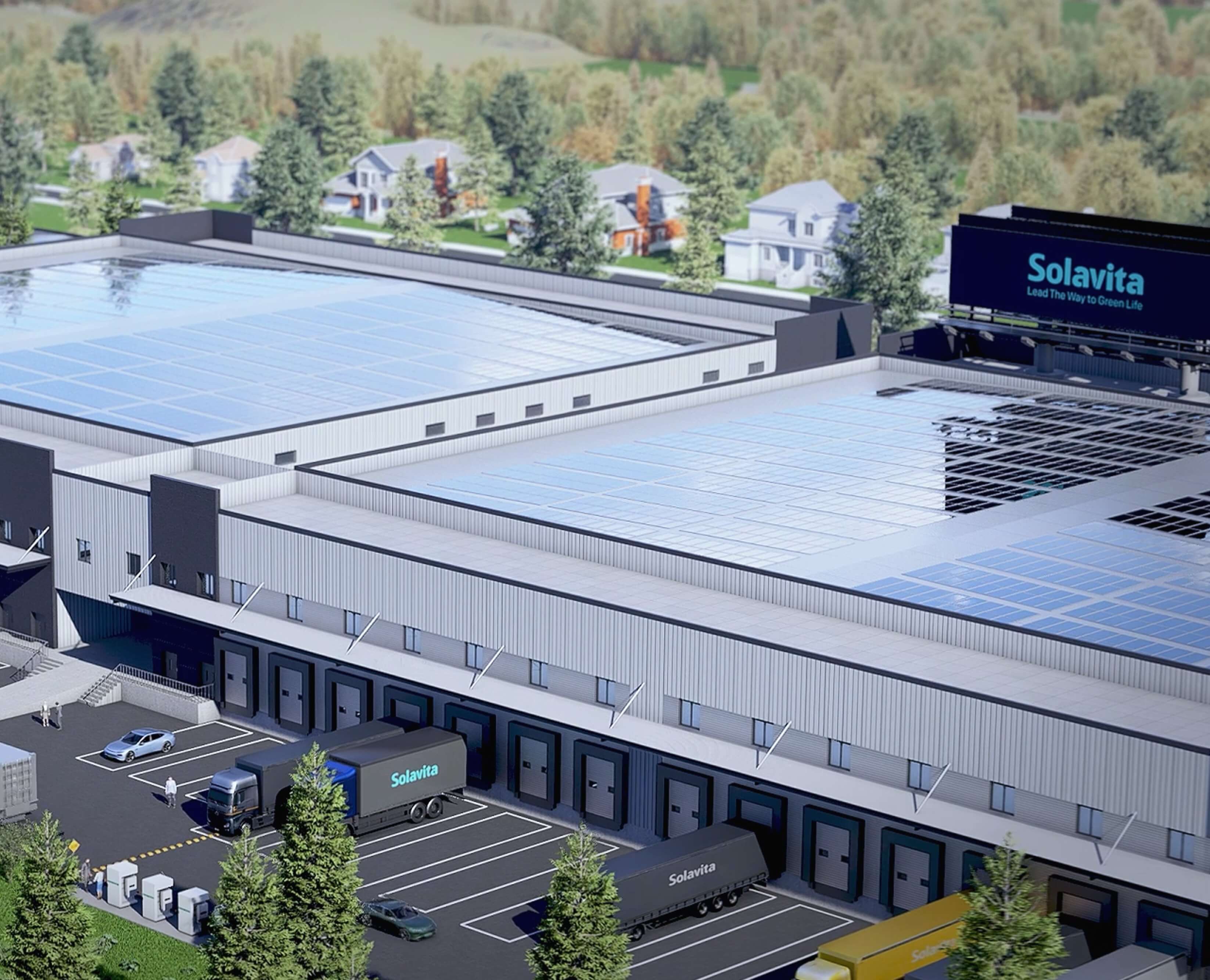 A modern industrial warehouse with rooftop solar panels and Solavita-branded trucks, showcasing a smart green energy logistics hub