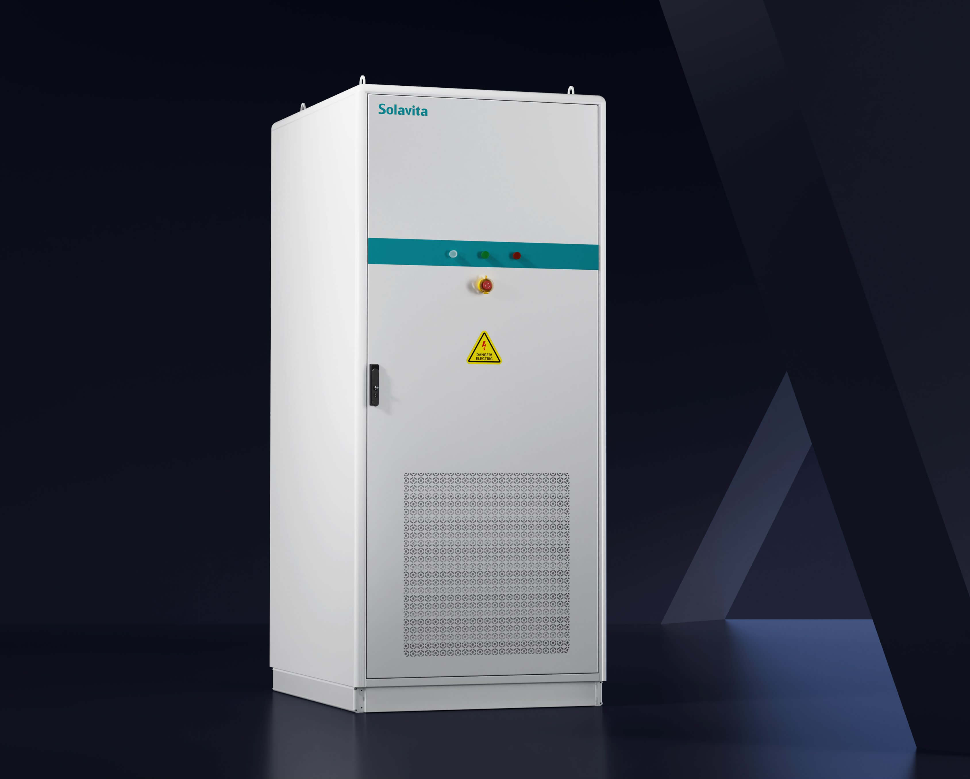 Solavita commercial energy storage cabinet with hazard markings and operational status indicators