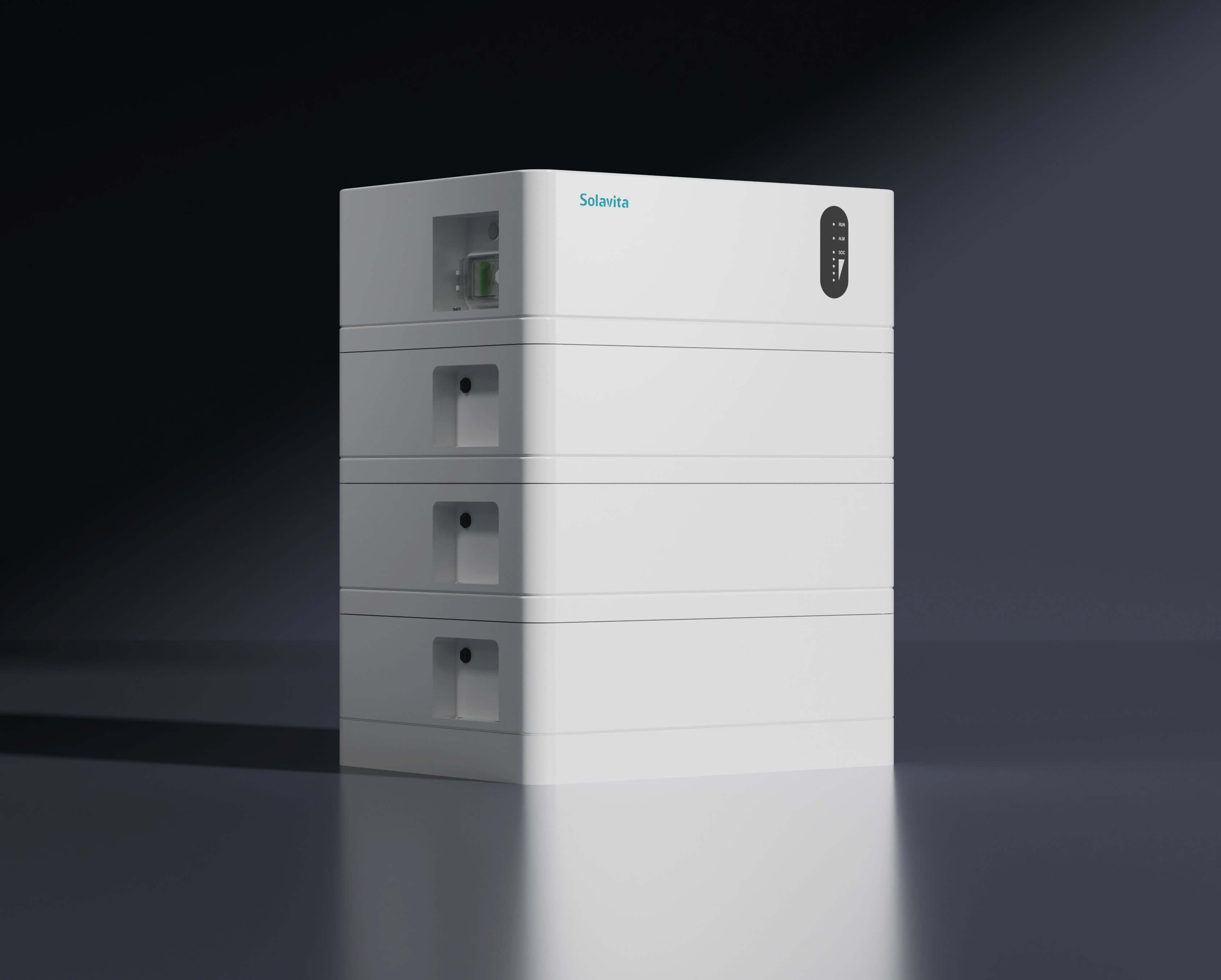 Stacked Solavita energy storage units with a sleek, modern design, featuring a clean white exterior and illuminated status indicators, set against a minimalist dark background.