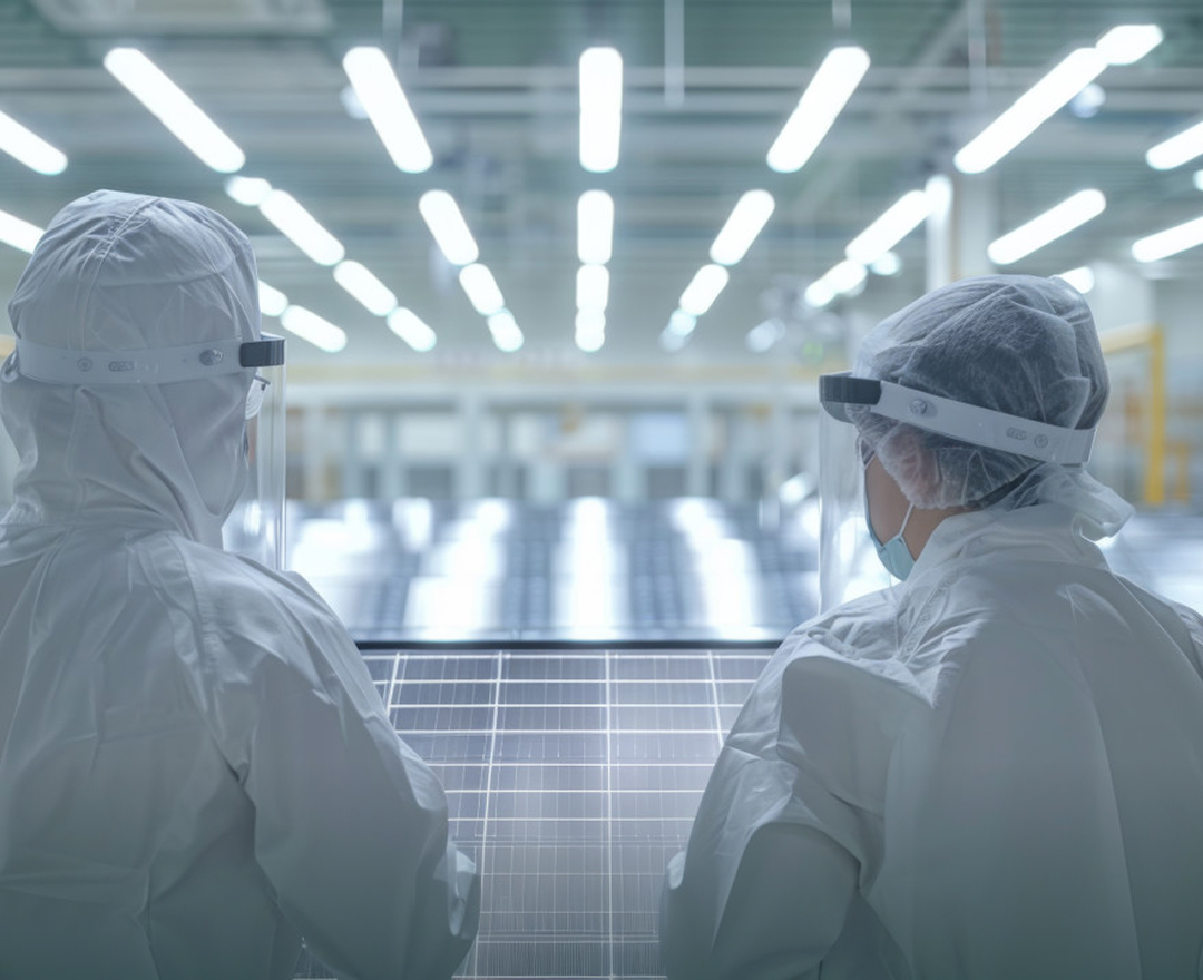 Technicians in cleanroom suits inspecting solar panels in a modern photovoltaic production facility.