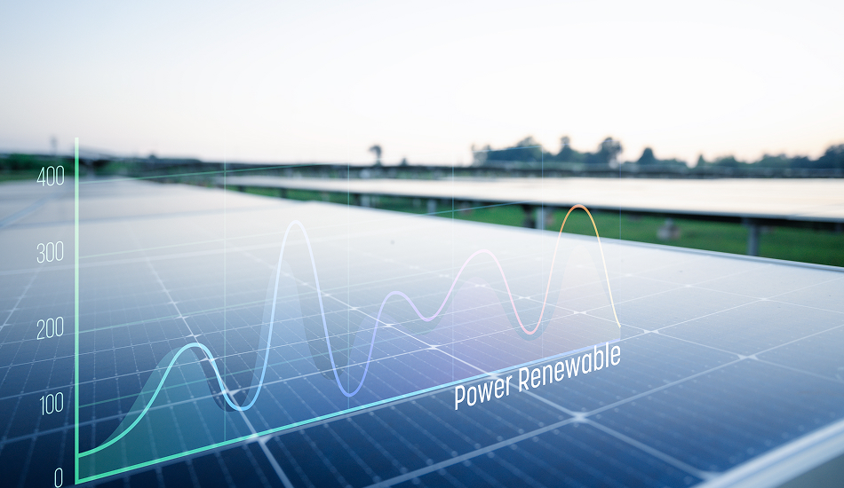 Digital renewable power graph over solar panels in a green field, representing real-time energy output monitoring and smart solar analytics.