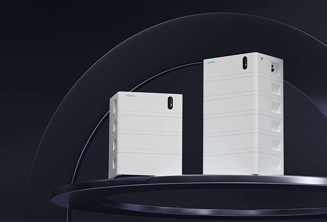 Solavita residential energy storage systems with modular design in two sizes, shown on a futuristic black platform.