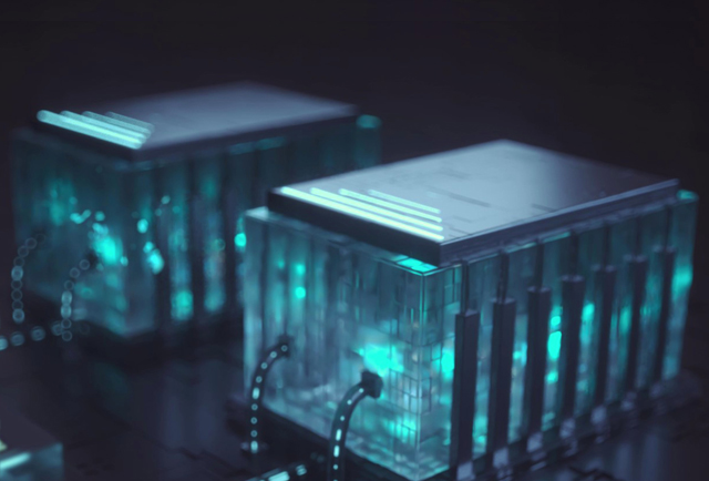Futuristic smart energy storage modules glowing with teal light and connected via data cables
