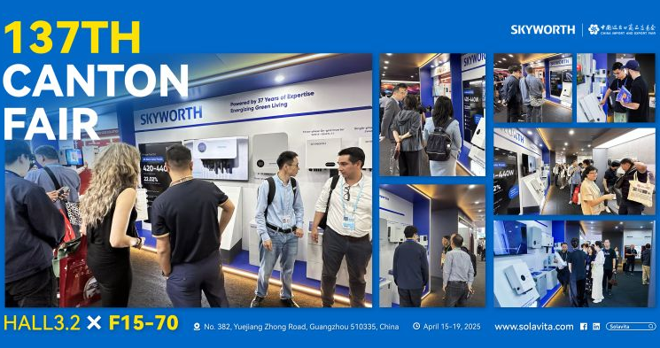 Solavita at 137th Canton Fair 2025 showcasing inverters and energy storage solutions at booth Hall 3.2 × F15-70
