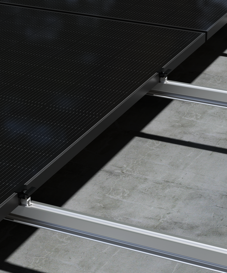 Close-up of Solavita black solar panel mounted on silver aluminum rail structure over concrete floor